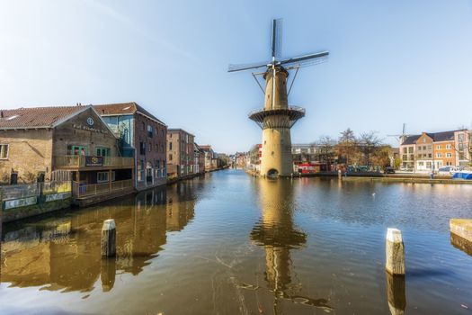 Straatbeeld in Schiedam-Centrum met reizigers en laatste nieuws Schiedam updates op een smartphone